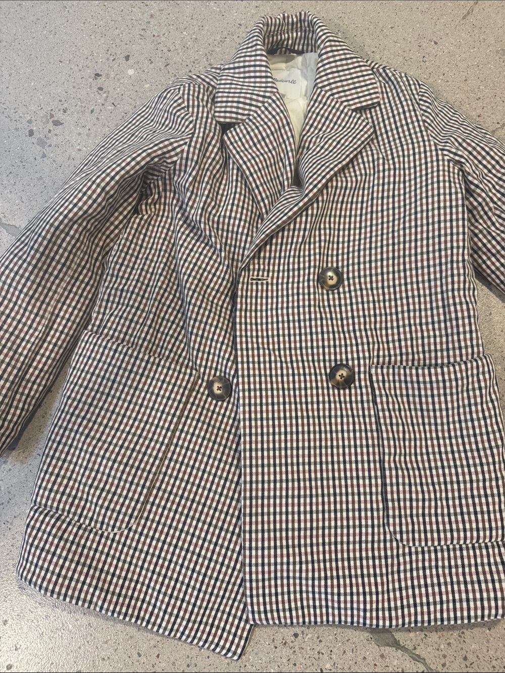 Madewell Quilted Checked Pea Coat in Brown, Cream & Black